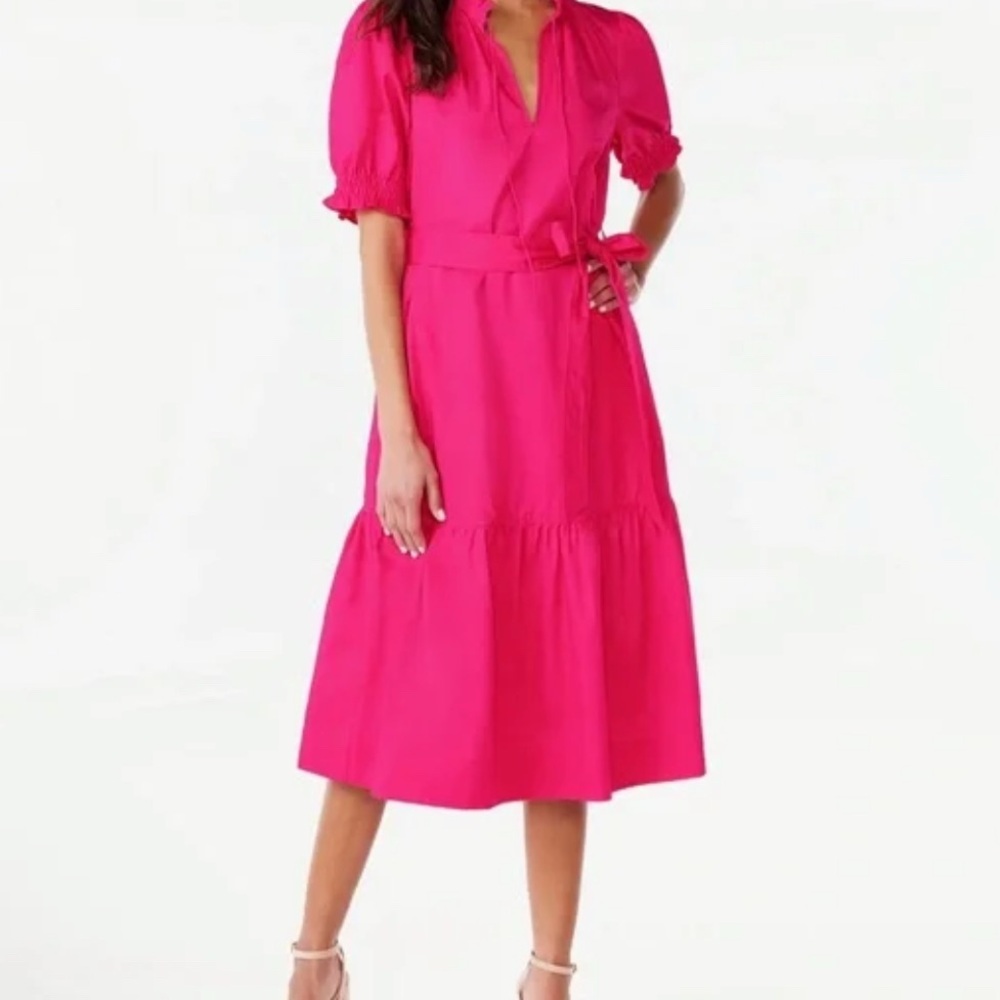 Free Assembly Pink Short Sleeve Belted Tie Front Pocket Midi Dress